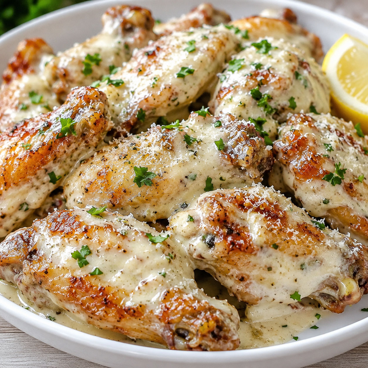 Crispy Alfredo chicken wings with Parmesan, parsley, and lemon