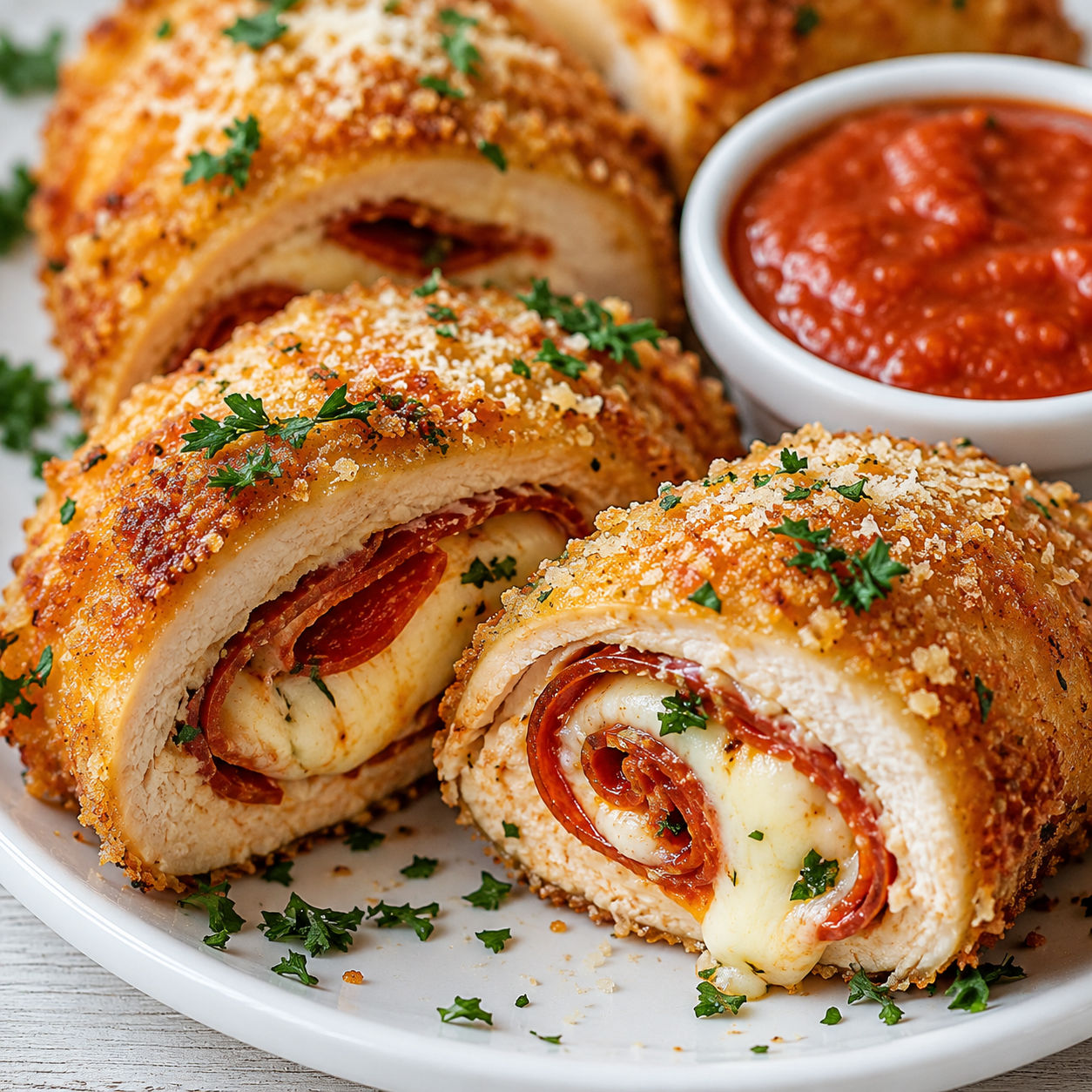 Crispy cheesy chicken rollatini with mozzarella and pepperoni slices