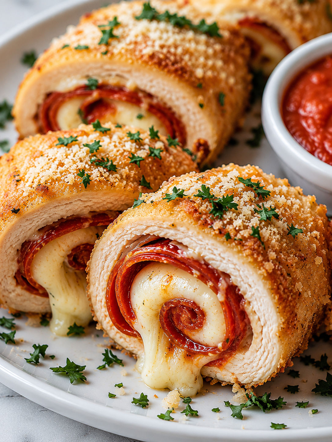 Crispy and Cheesy Chicken Rollatini, plated and served
