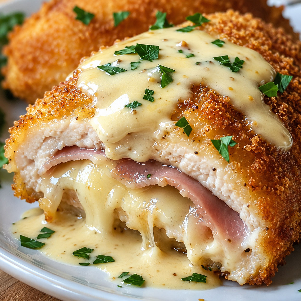 Crispy chicken cordon bleu with ham, Swiss cheese, and Dijon sauce