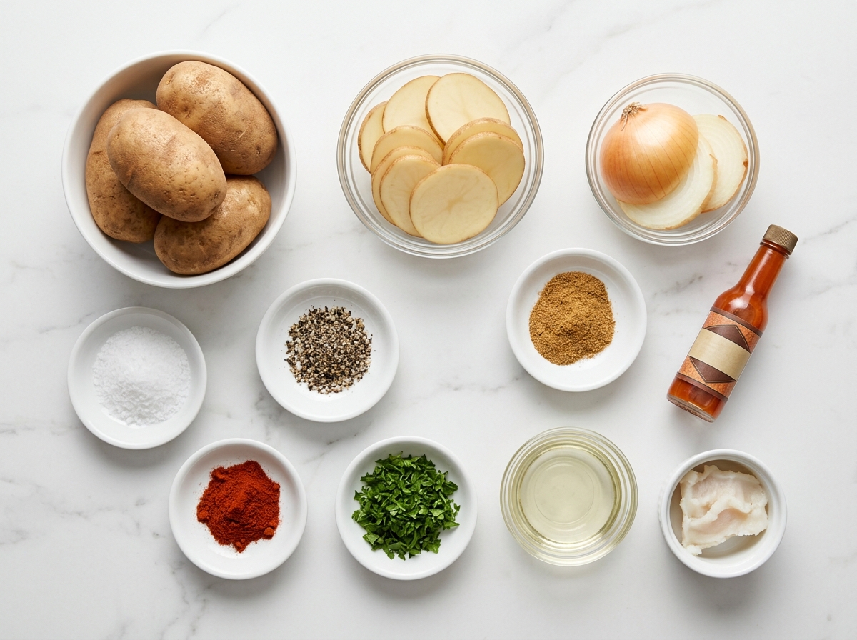 Russet potatoes, onion, oil, and seasonings for Southern fried potatoes