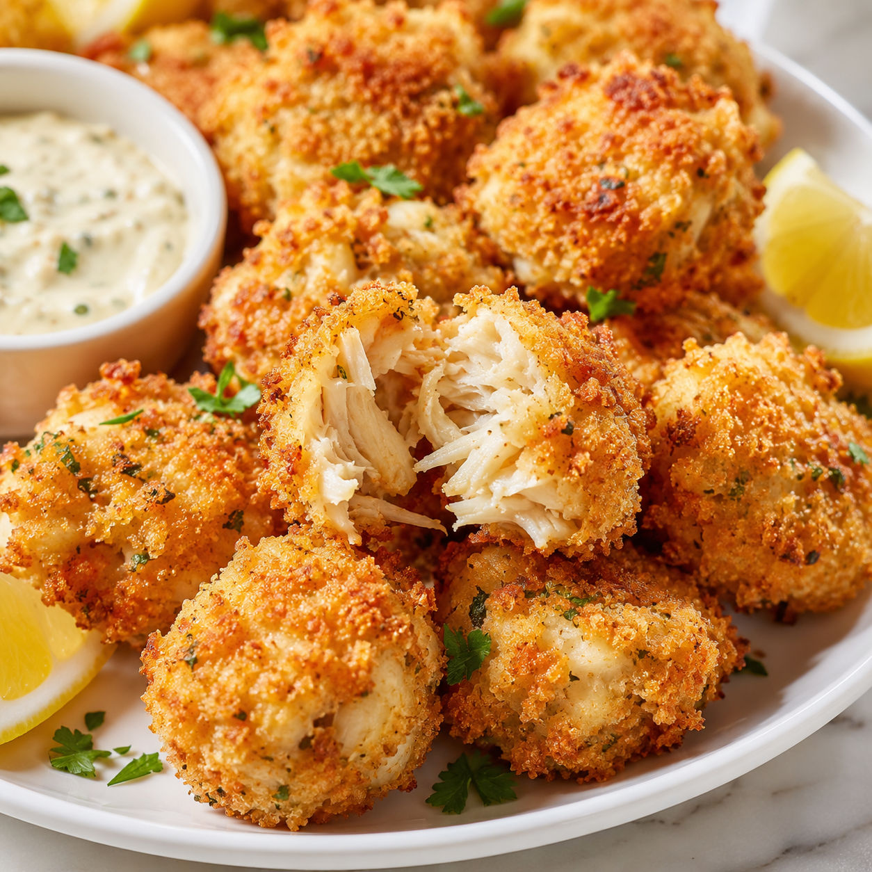 Golden crab bites with lemon wedges and creamy dipping sauce