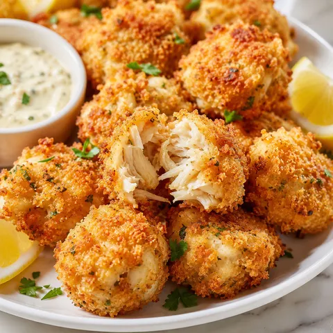 Golden crab bites with lemon wedges and creamy dipping sauce