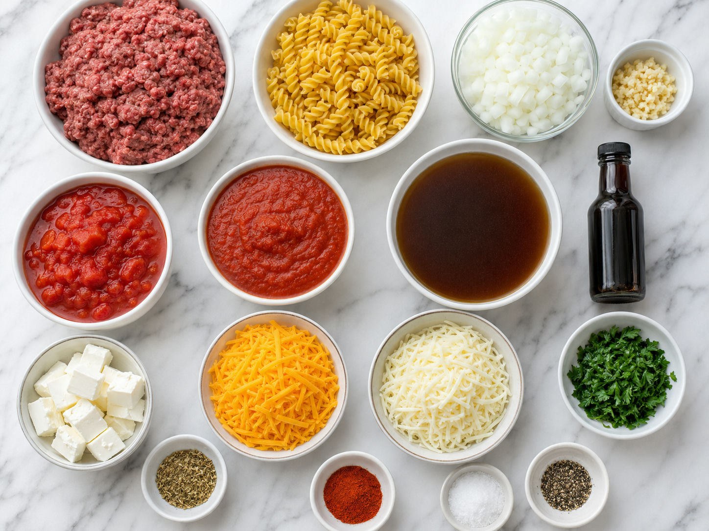 Ingredients for cheesy beef pasta casserole with rotini, beef, tomato, and cheese