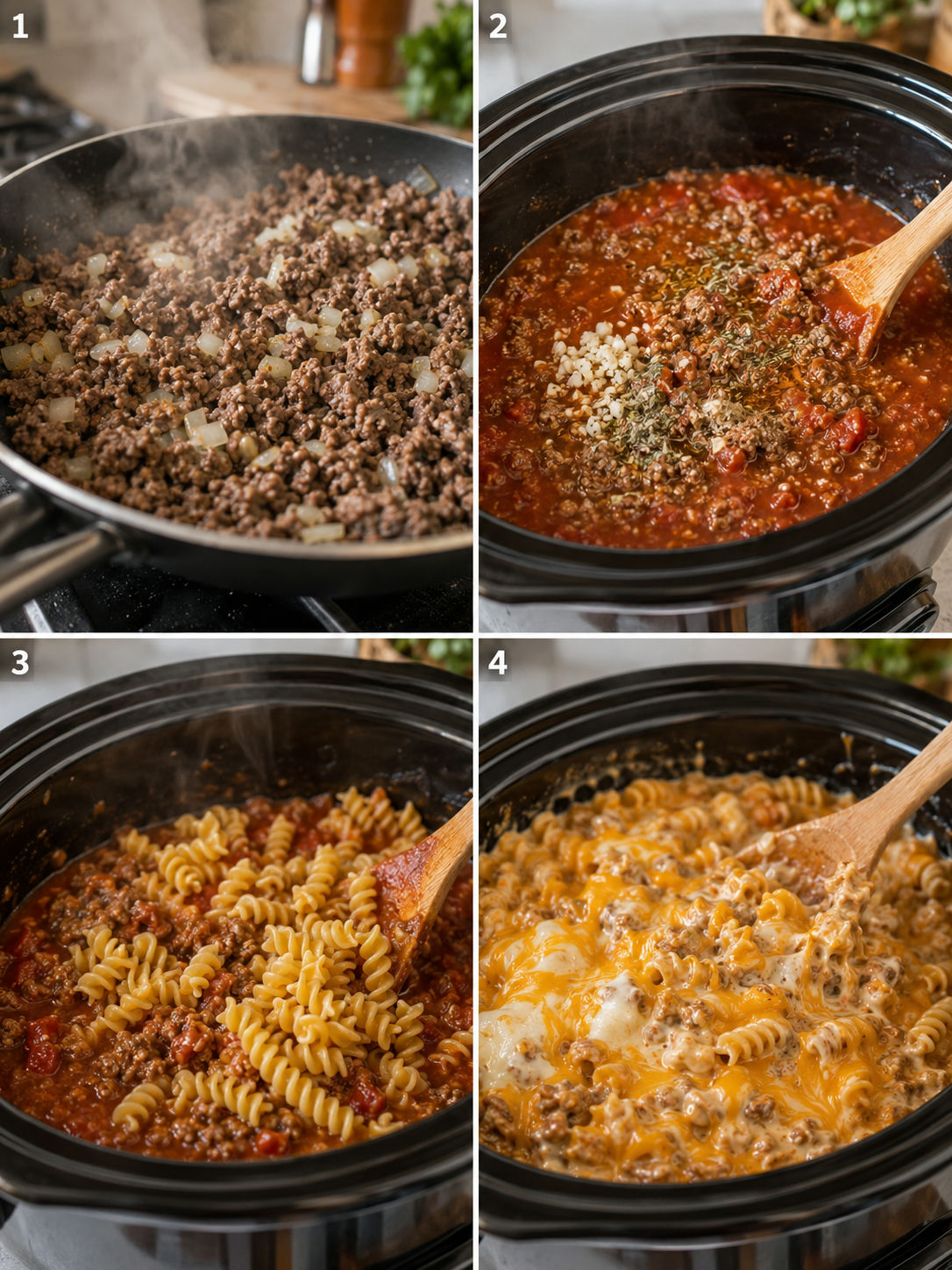Four cooking steps for cheesy beef pasta casserole in a slow cooker