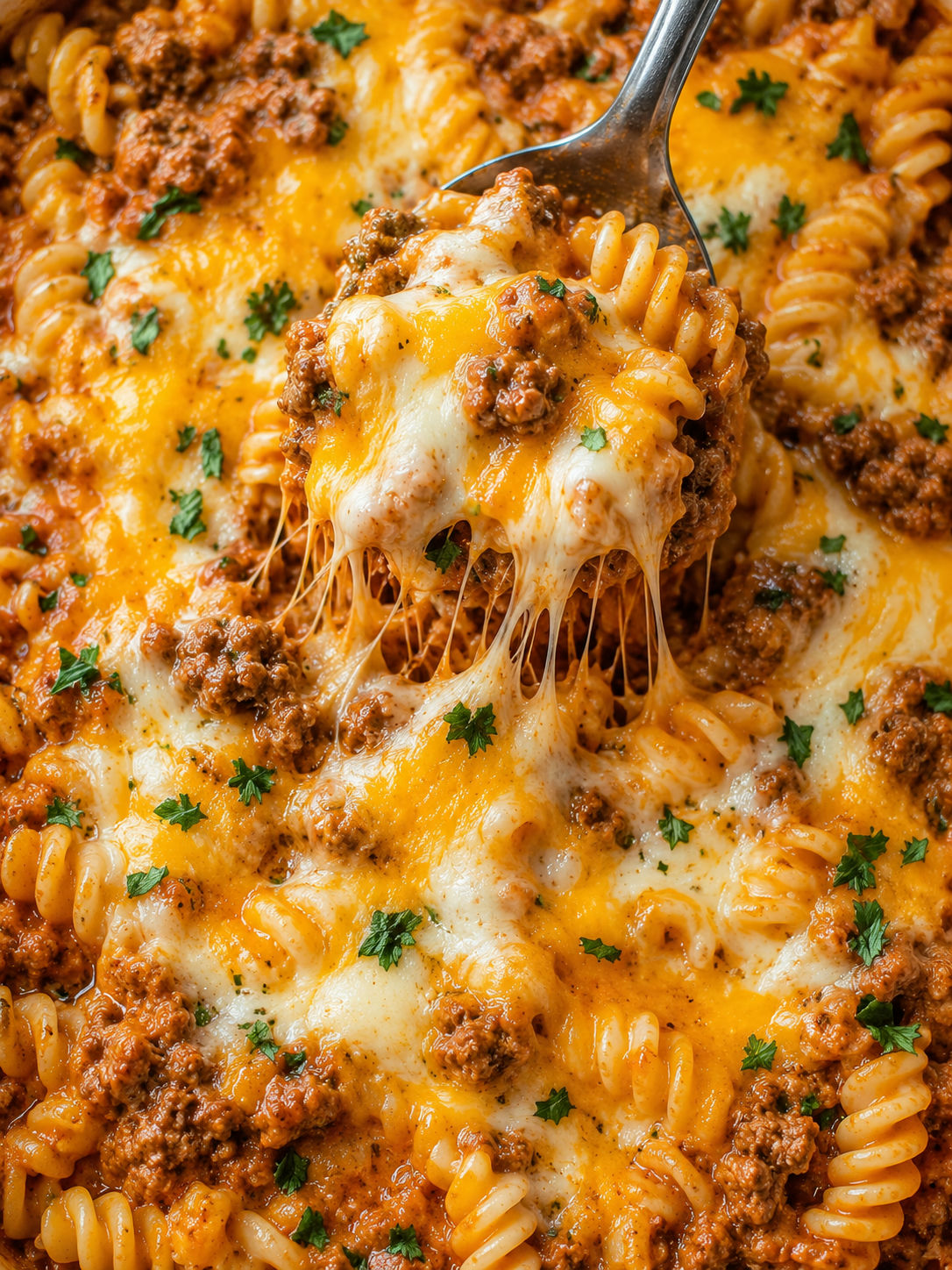 Cheesy crock pot beef pasta casserole with rotini and a melted cheese scoop