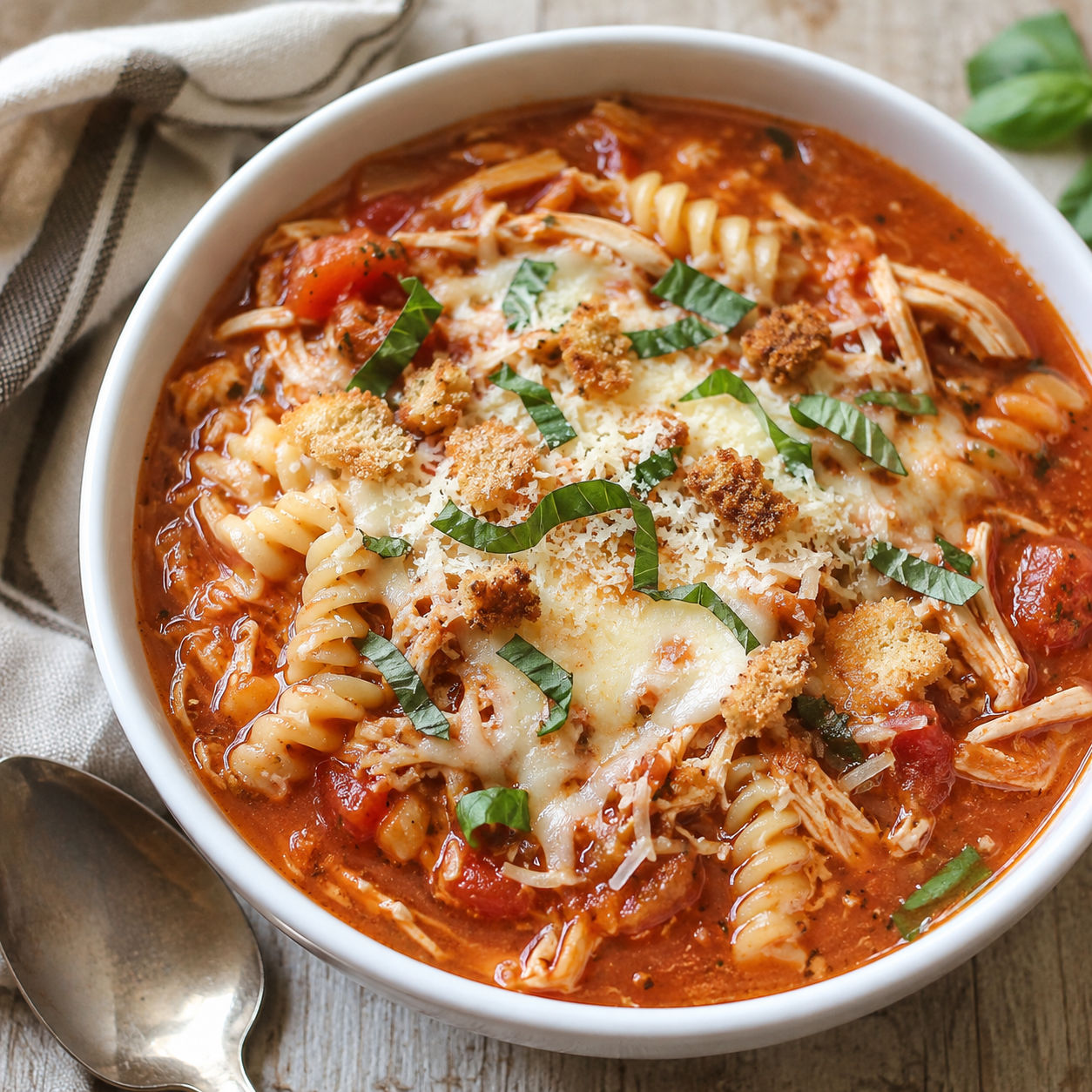 Chicken parmesan soup with pasta, melted mozzarella, parmesan, and basil