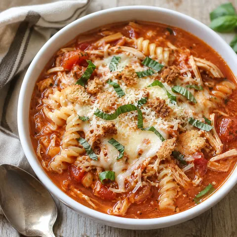Chicken parmesan soup with pasta, melted mozzarella, parmesan, and basil