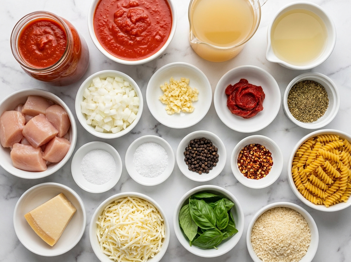 Ingredients for chicken parmesan soup with chicken, pasta, tomatoes, and cheese