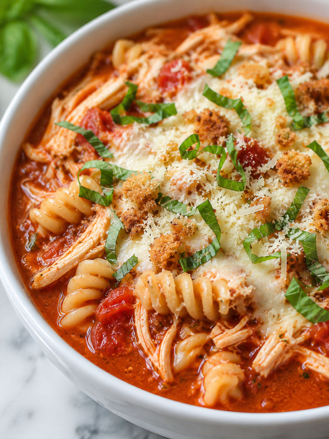 Crock Pot Chicken Parmesan Soup, plated and served