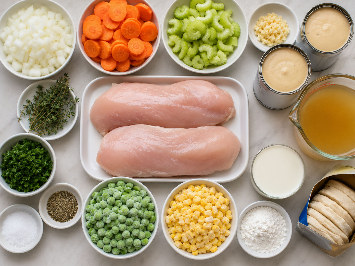Ingredients for Crock Pot Chicken Pot Pie with chicken, vegetables, and biscuits
