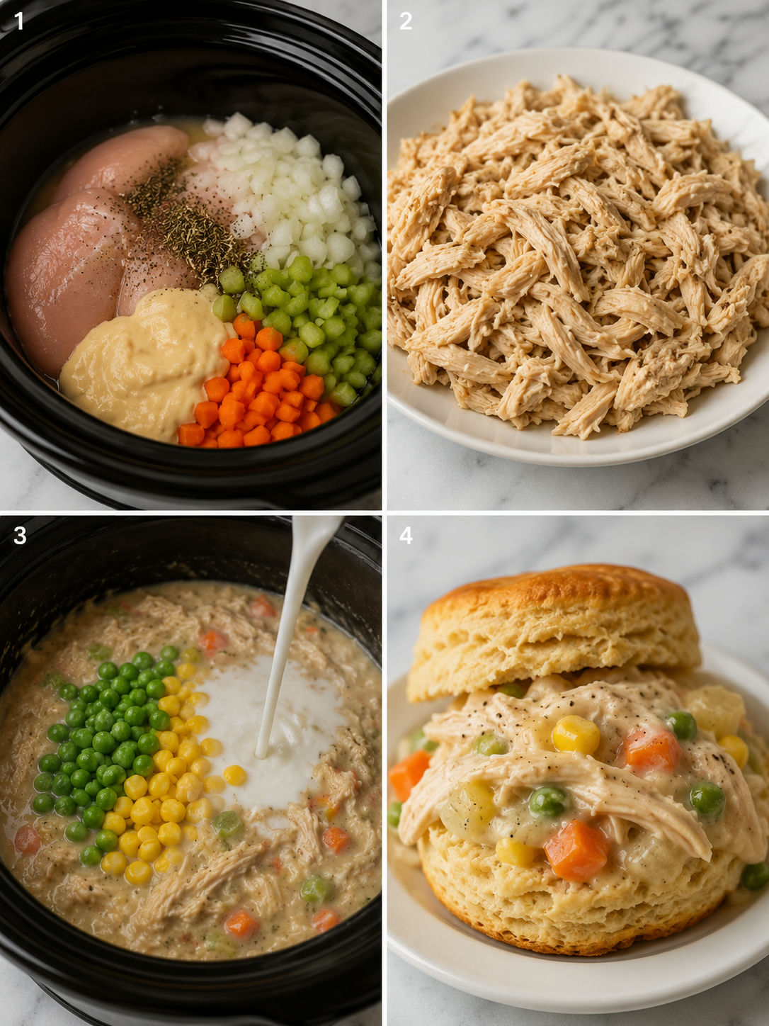 Four steps for making slow cooker chicken pot pie with biscuits