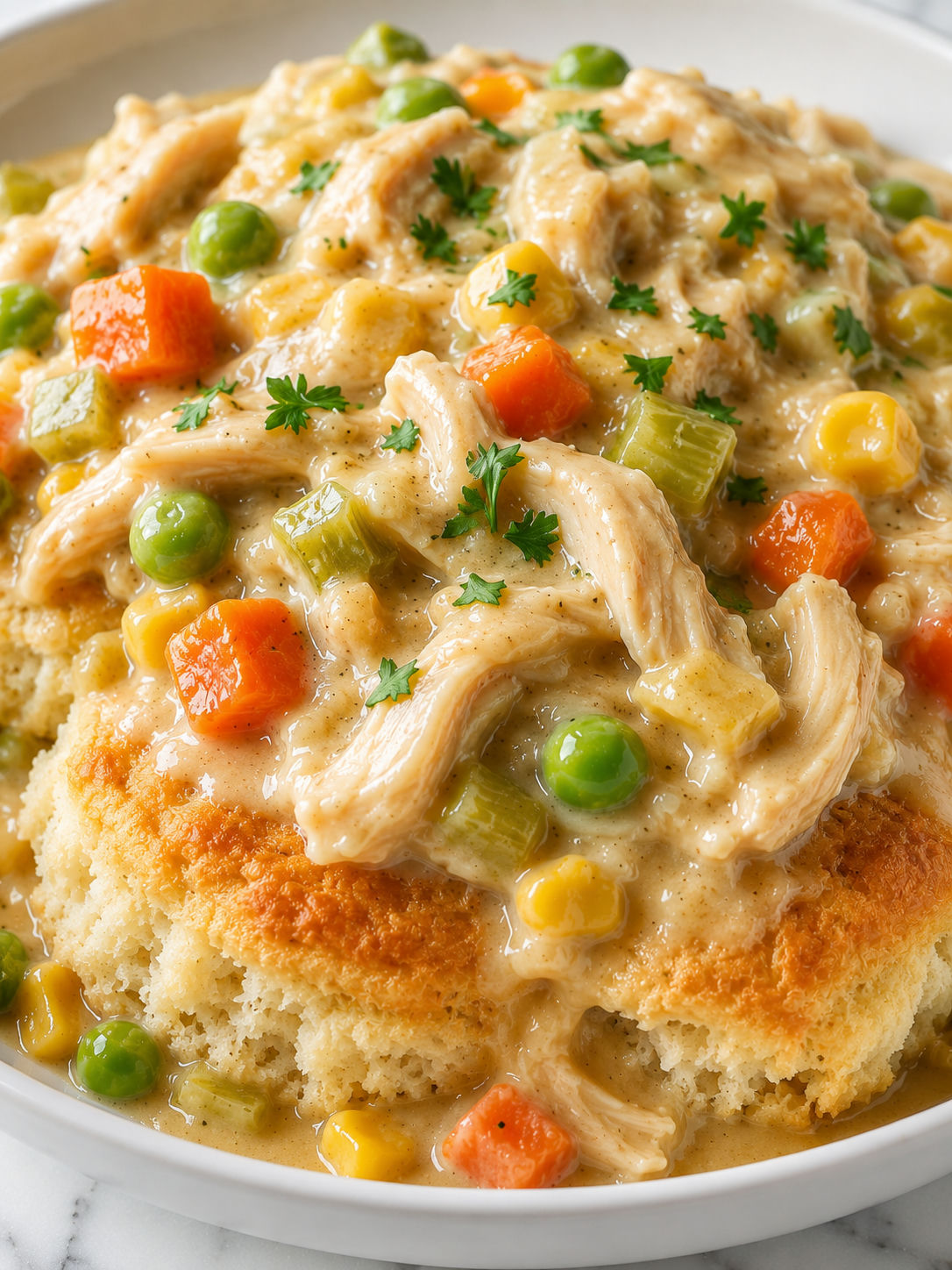 Creamy Crock Pot Chicken Pot Pie over golden biscuits