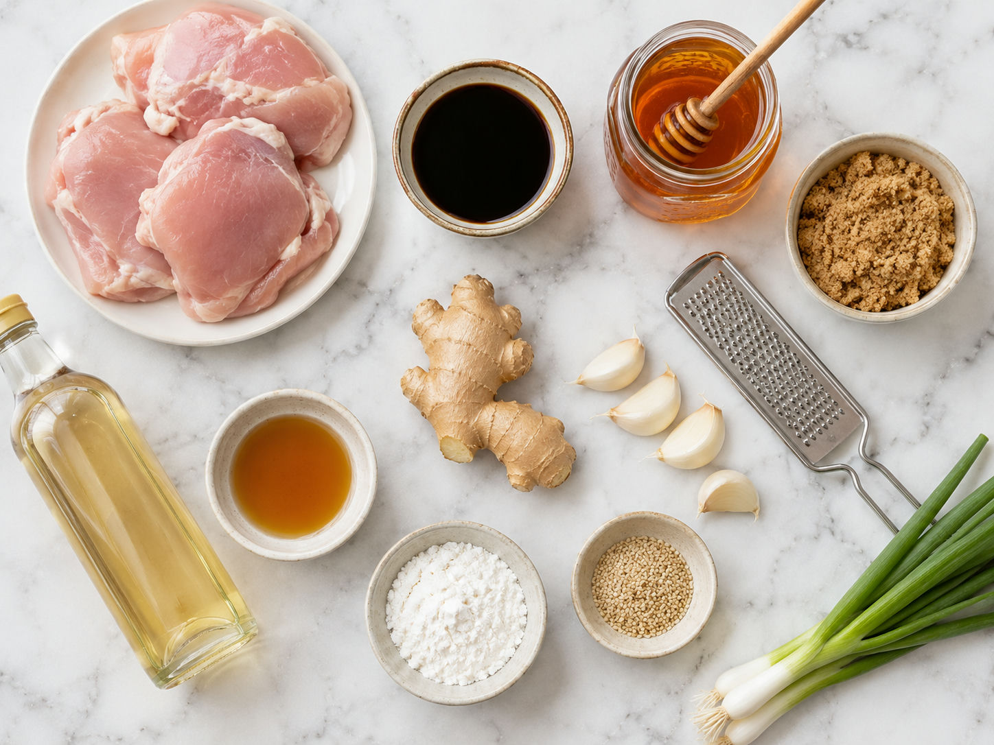 Raw ingredients for crock-pot chicken teriyaki including chicken thighs, soy sauce, honey, garlic, ginger, and sesame oil on a wooden surface