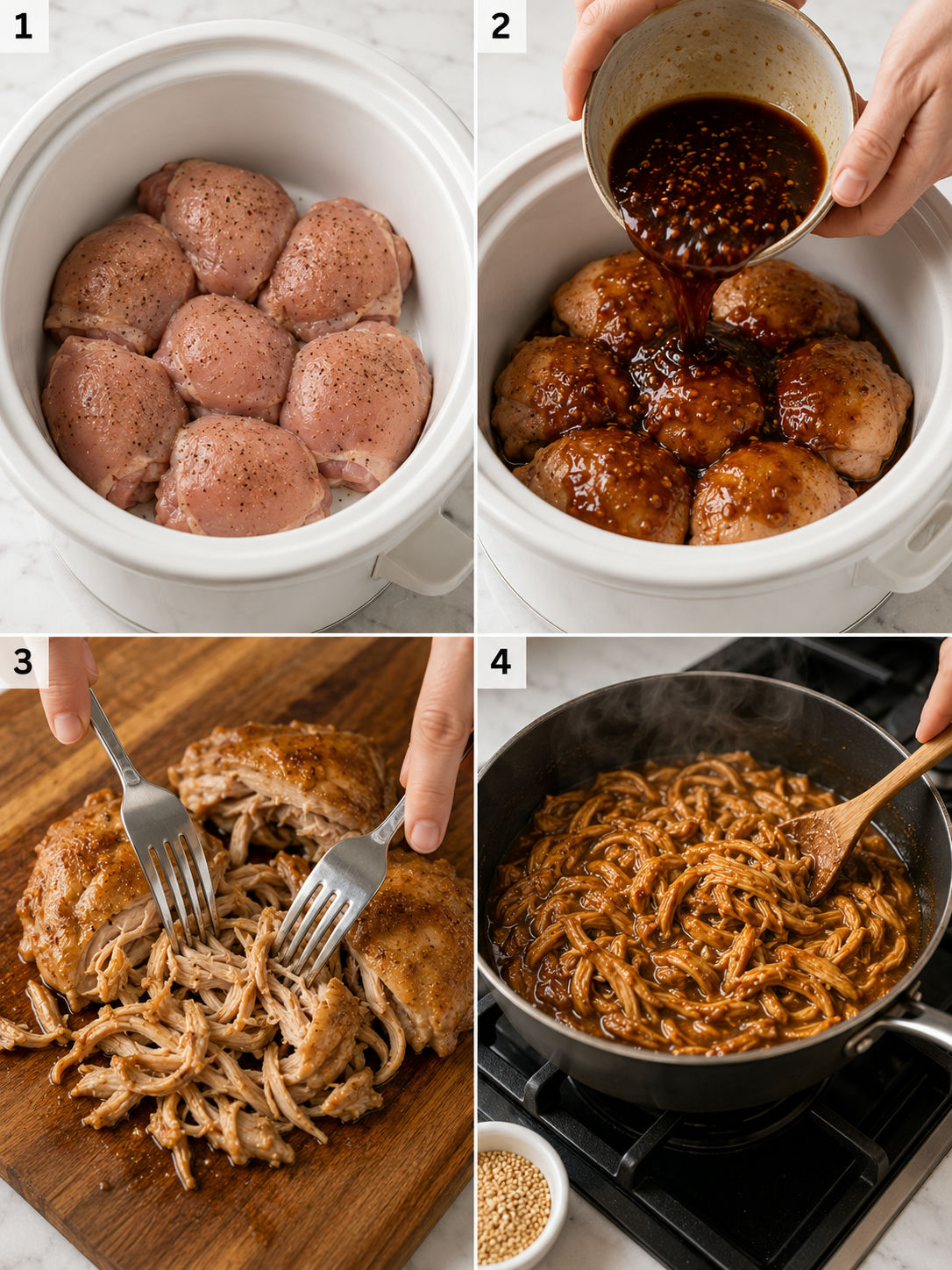 Four cooking steps for crock-pot chicken teriyaki from raw chicken in the slow cooker to shredded glazed chicken on the stove