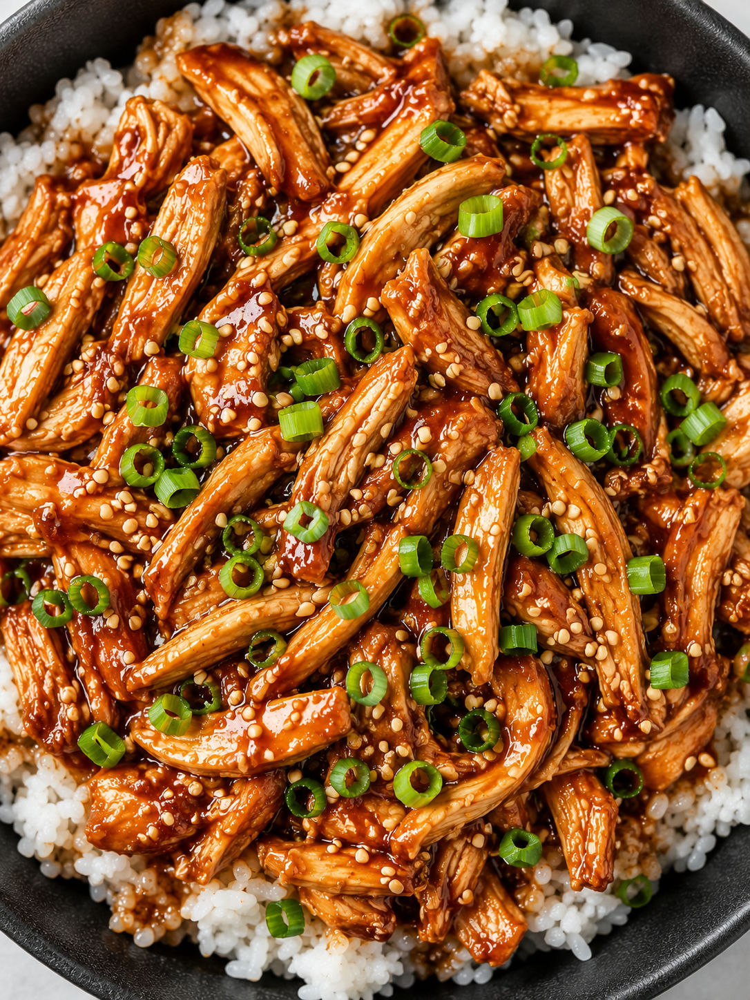 Overhead bowl of crock-pot chicken teriyaki with glossy glaze, sesame seeds, and green onions over white rice