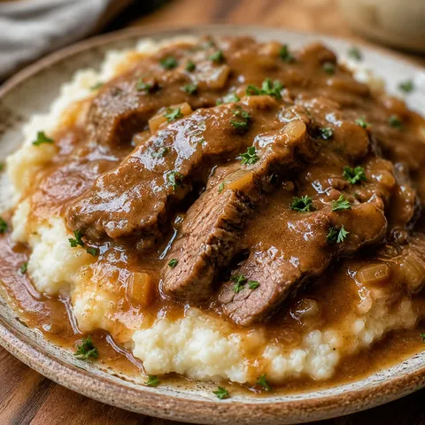 Crock pot cubed steak with brown gravy over mashed potatoes