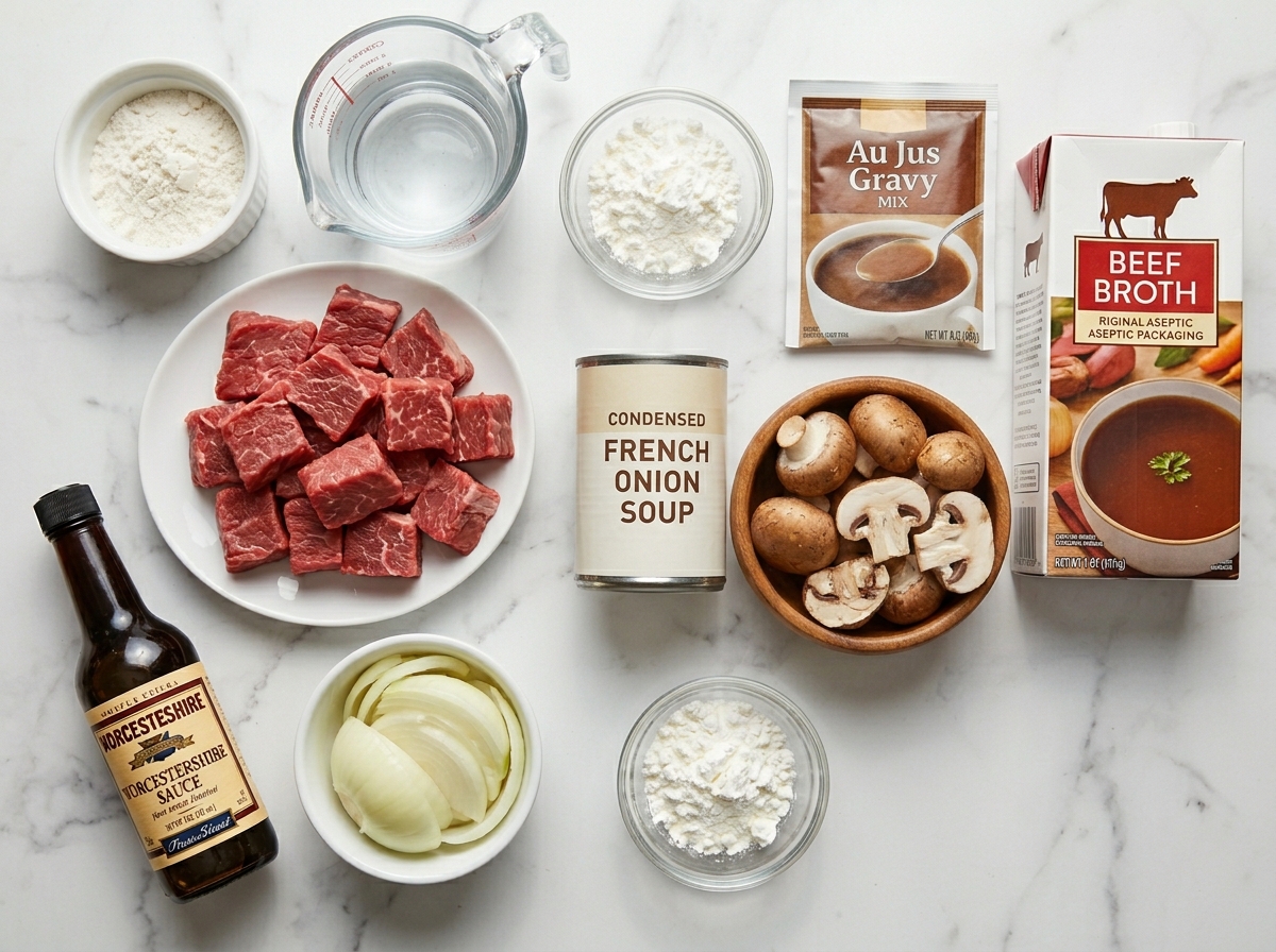 Raw ingredients for crock pot cubed steak on a wooden board