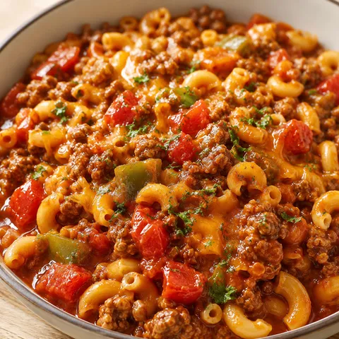 Crock Pot goulash with ground beef, peppers, macaroni, and cheddar