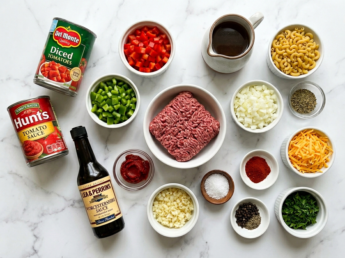 Ground beef, peppers, macaroni, tomatoes, and cheese for Crock Pot goulash
