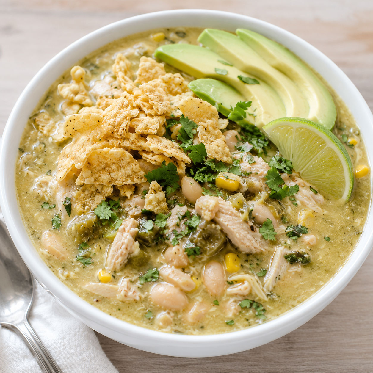 Green enchilada chicken soup with avocado, cilantro, and tortilla chips