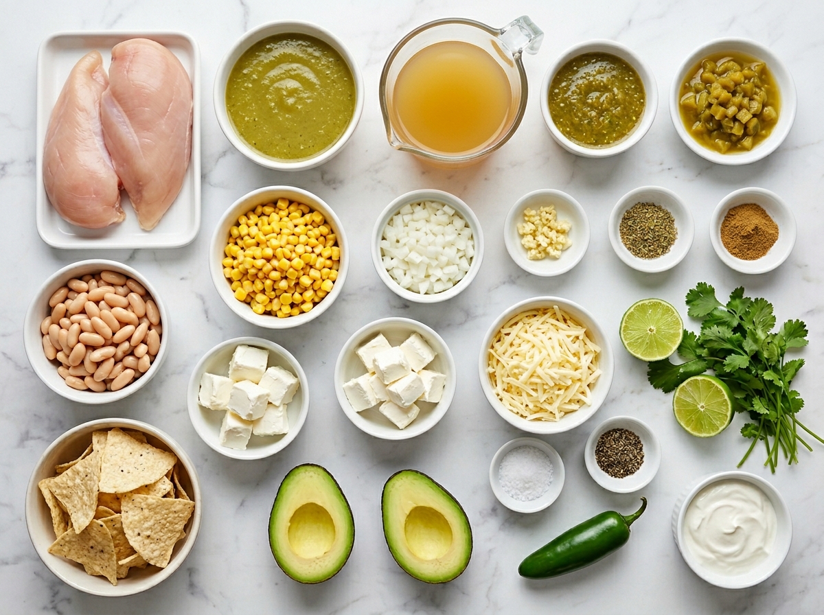 Ingredients for green enchilada chicken soup with chicken, chiles, beans, and cheese