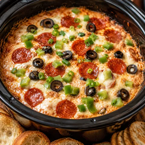 Crock Pot Pizza Dip with pepperoni, melted mozzarella, olives, and green onions