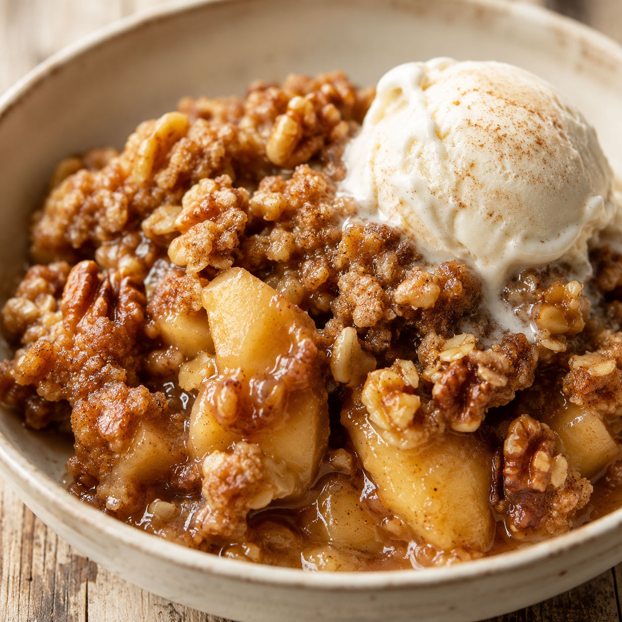 Warm spiced apple cake with oat walnut topping and vanilla ice cream