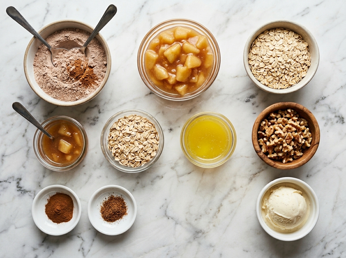 Ingredients for spiced apple cake with oats, walnuts, butter, and apples