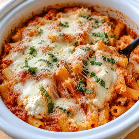 Crockpot baked ziti with melted mozzarella, ricotta, and basil