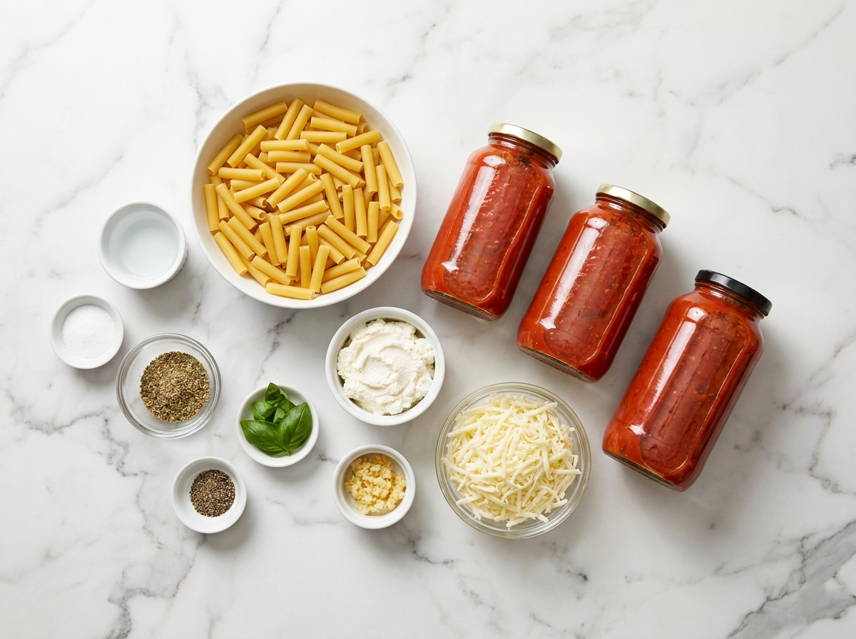 Ingredients for crockpot baked ziti with pasta, marinara, ricotta, and mozzarella