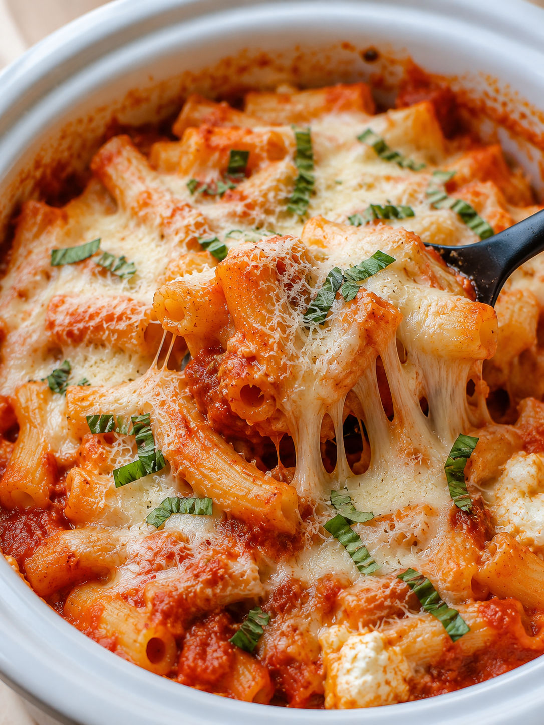 Crockpot Baked Ziti, plated and served