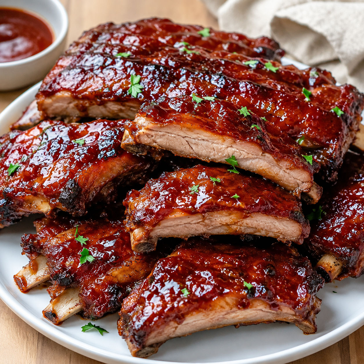 Sticky Crockpot Barbecue Ribs on a white platter with extra sauce