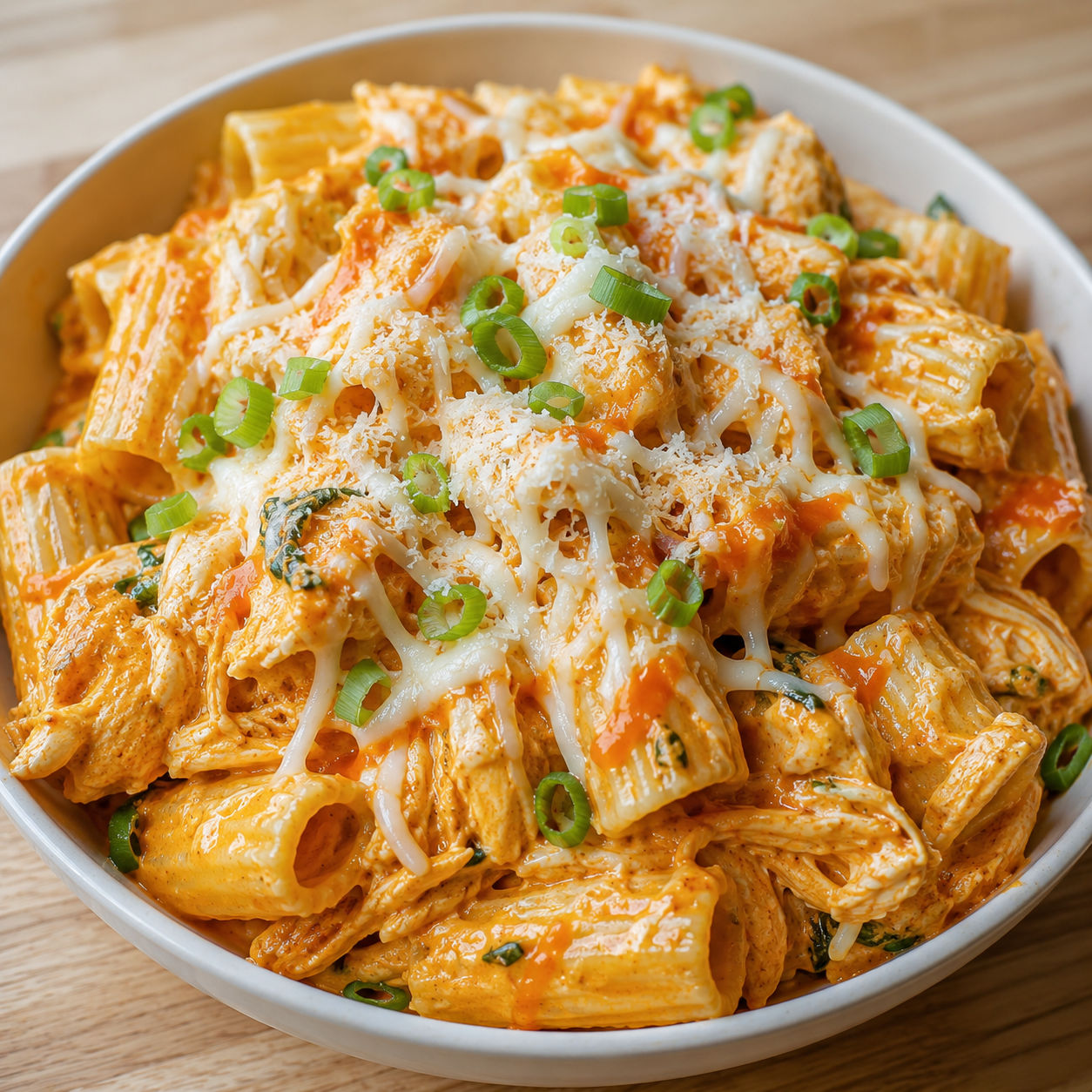 Buffalo chicken rigatoni with parmesan sauce and green onions