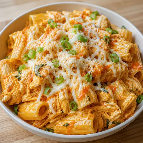 Buffalo chicken rigatoni with parmesan sauce and green onions