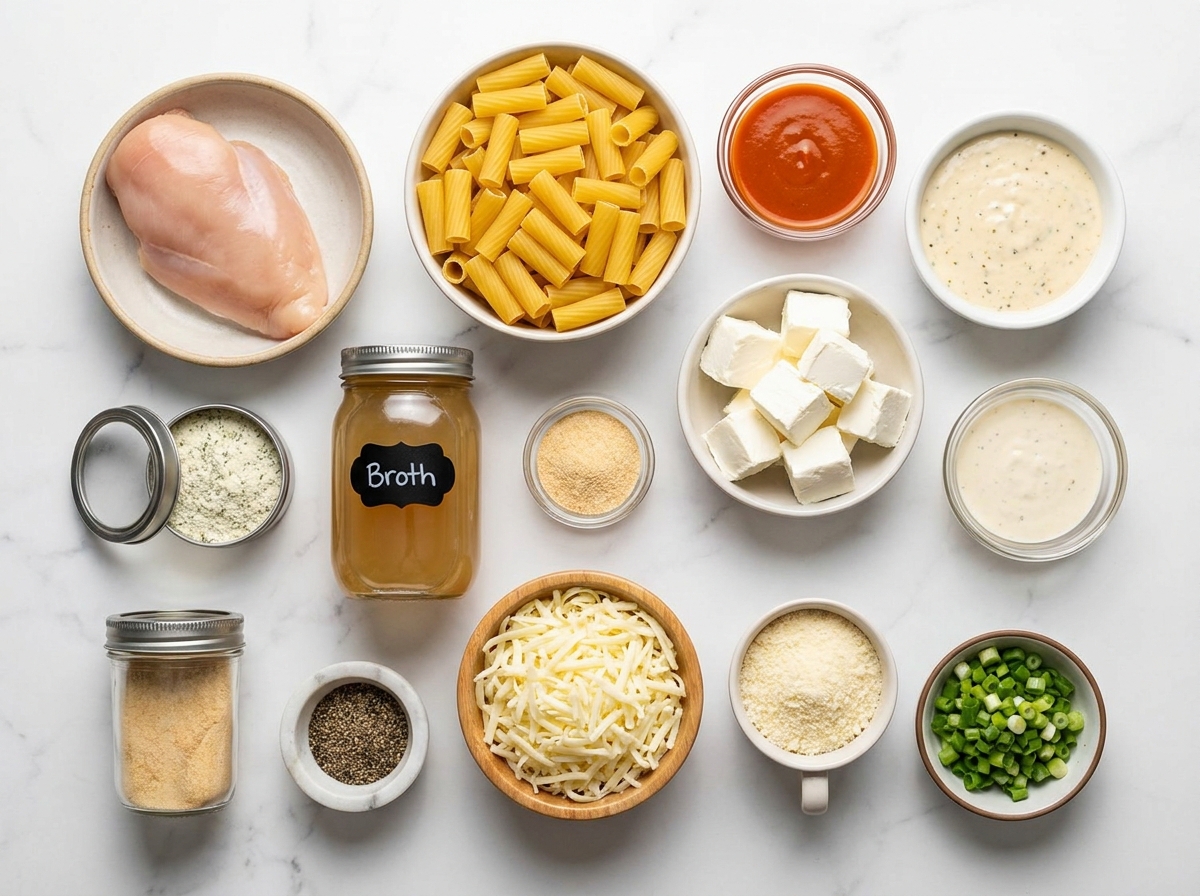 Ingredients for buffalo chicken pasta with rigatoni and cheeses