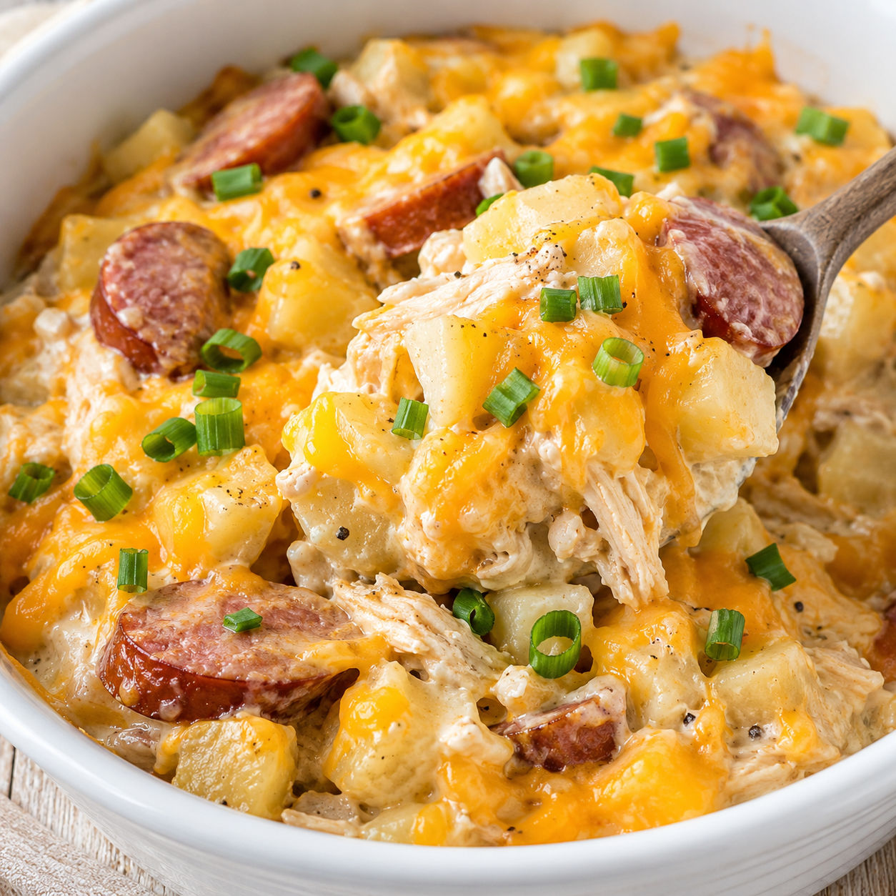 Cheesy chicken kielbasa casserole with potatoes and green onions