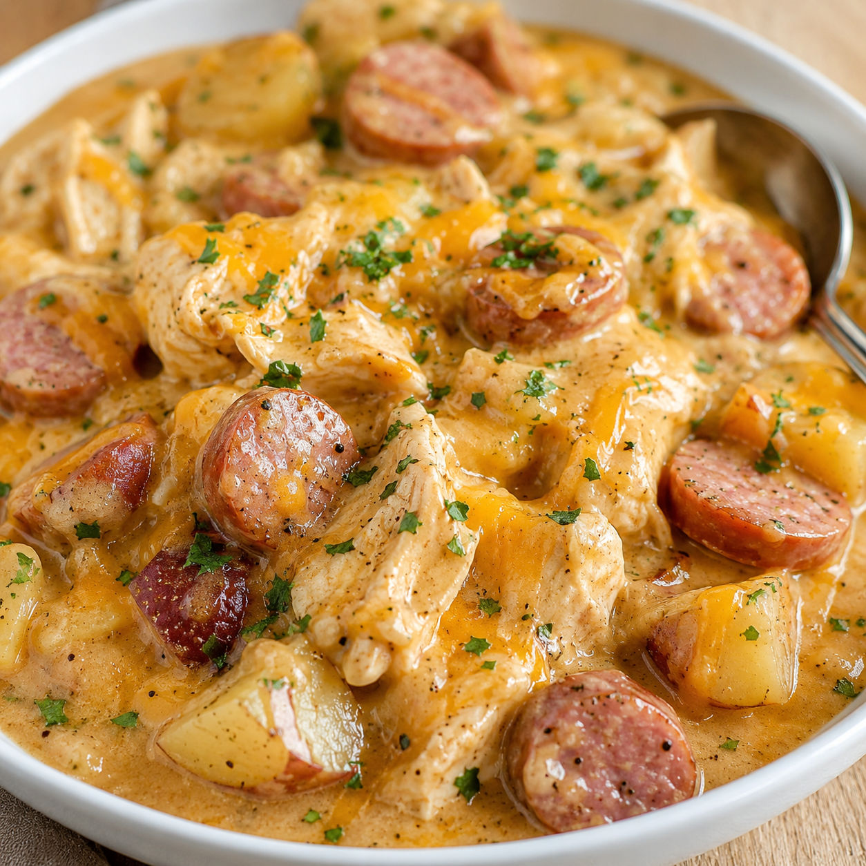 Cheesy chicken and sausage with potatoes in a creamy crockpot sauce