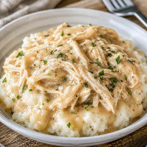 Crockpot chicken and gravy over mashed potatoes with parsley