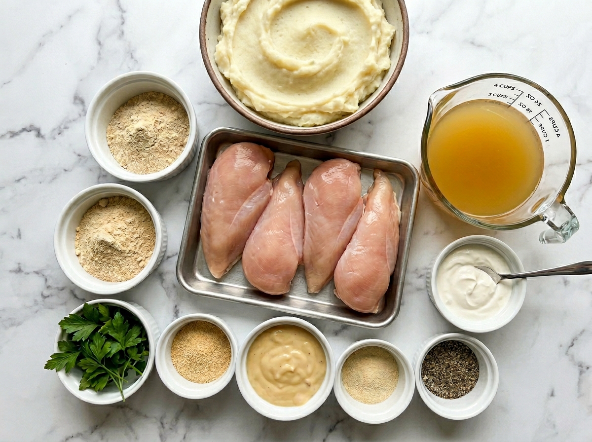 Ingredients for Crockpot Chicken and Gravy on a wooden counter