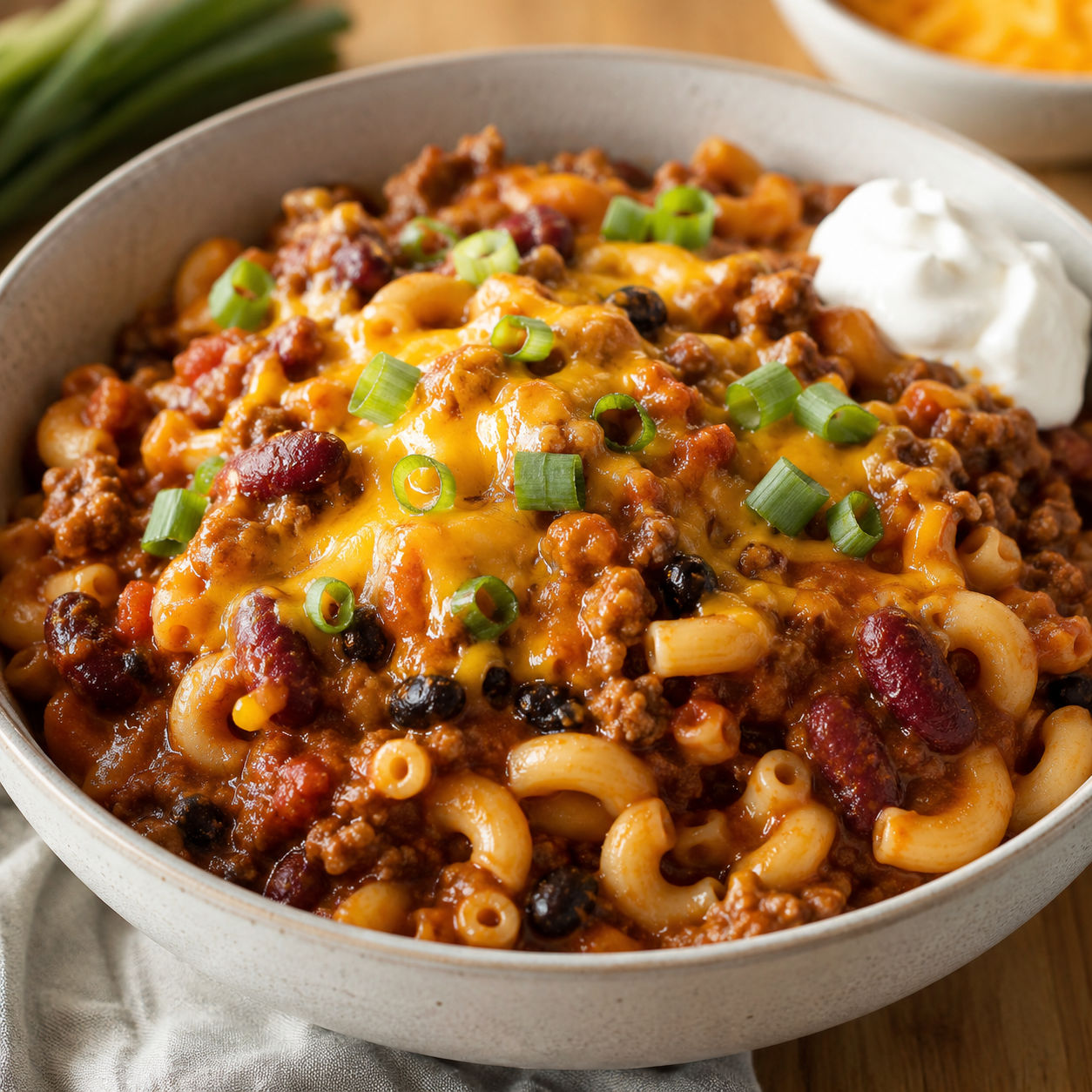 Crockpot chili mac with beef, beans, cheddar, and green onions