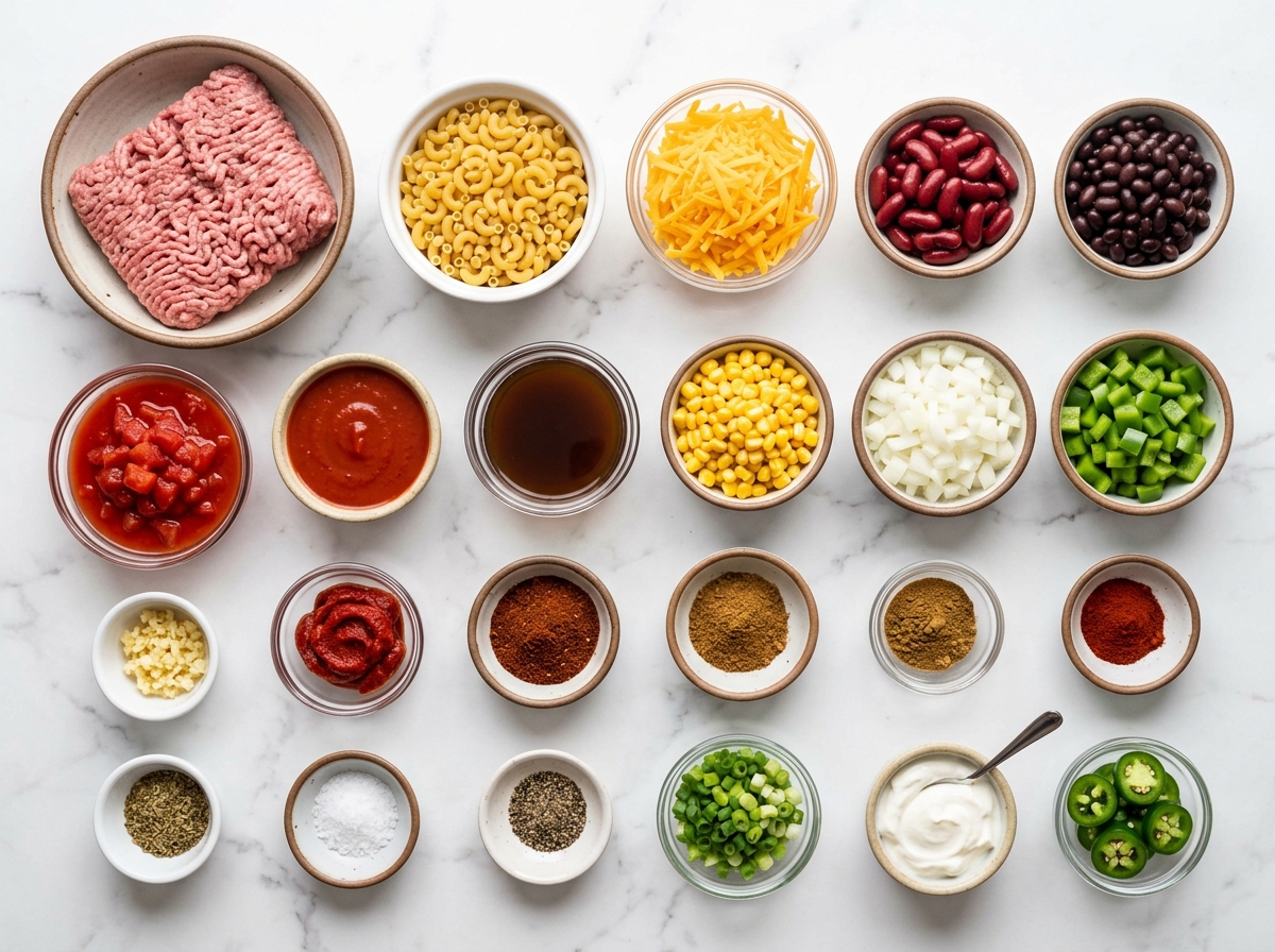 Ingredients for beef and bean chili mac with cheddar cheese
