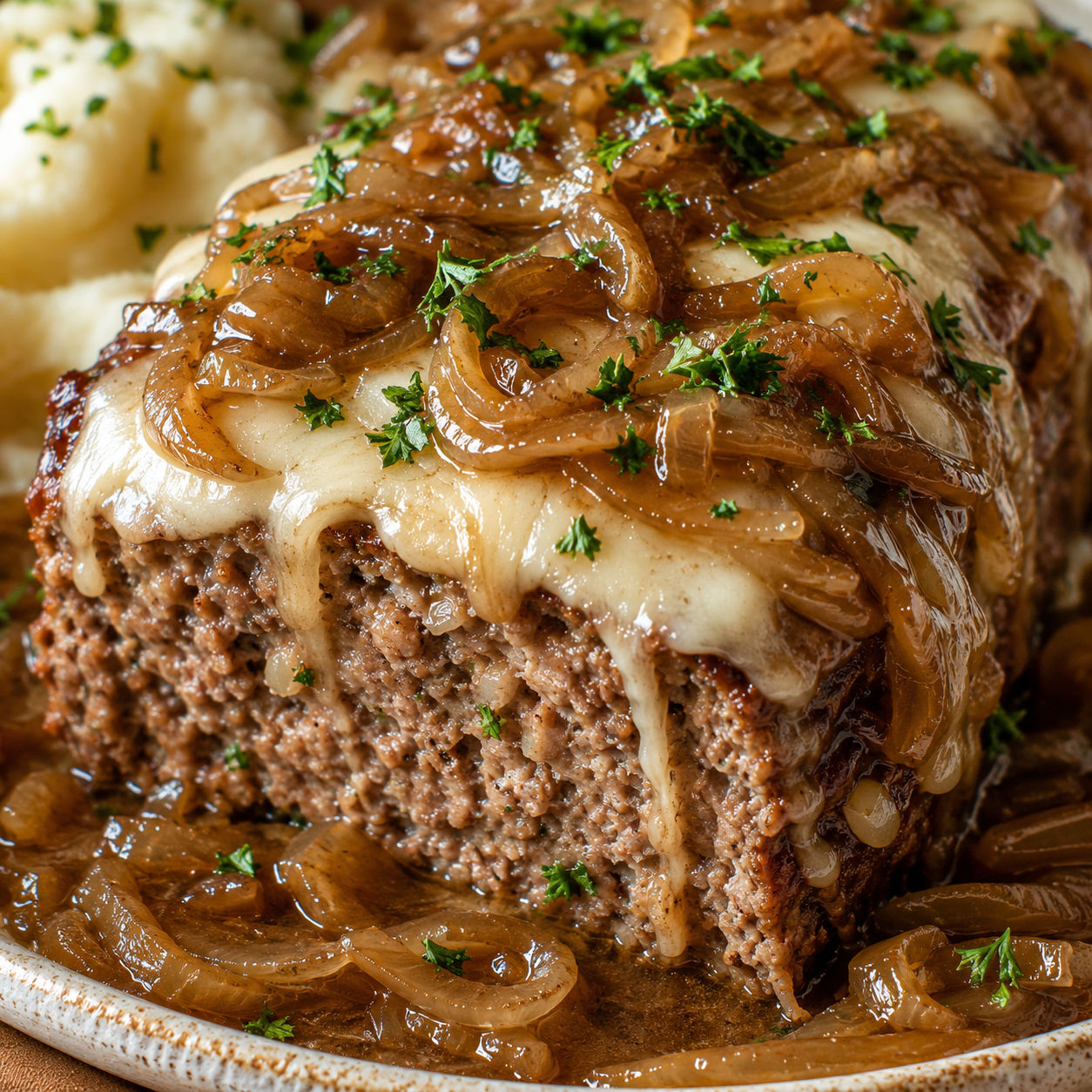 Crockpot French onion beefloaf with melted Swiss and onion gravy