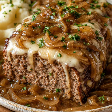 Crockpot French onion beefloaf with melted Swiss and onion gravy