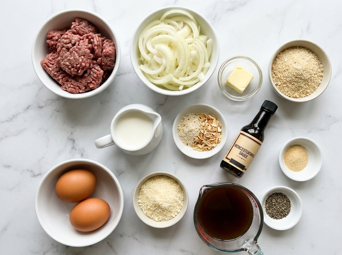 Ingredients for French onion beefloaf with beef, onions, broth, and Swiss cheese