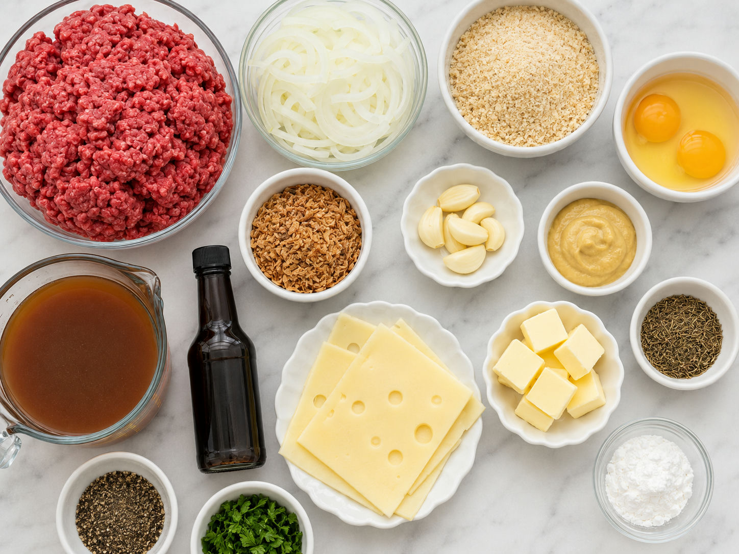 Ingredients for French onion meatloaf with Swiss cheese on a wood counter