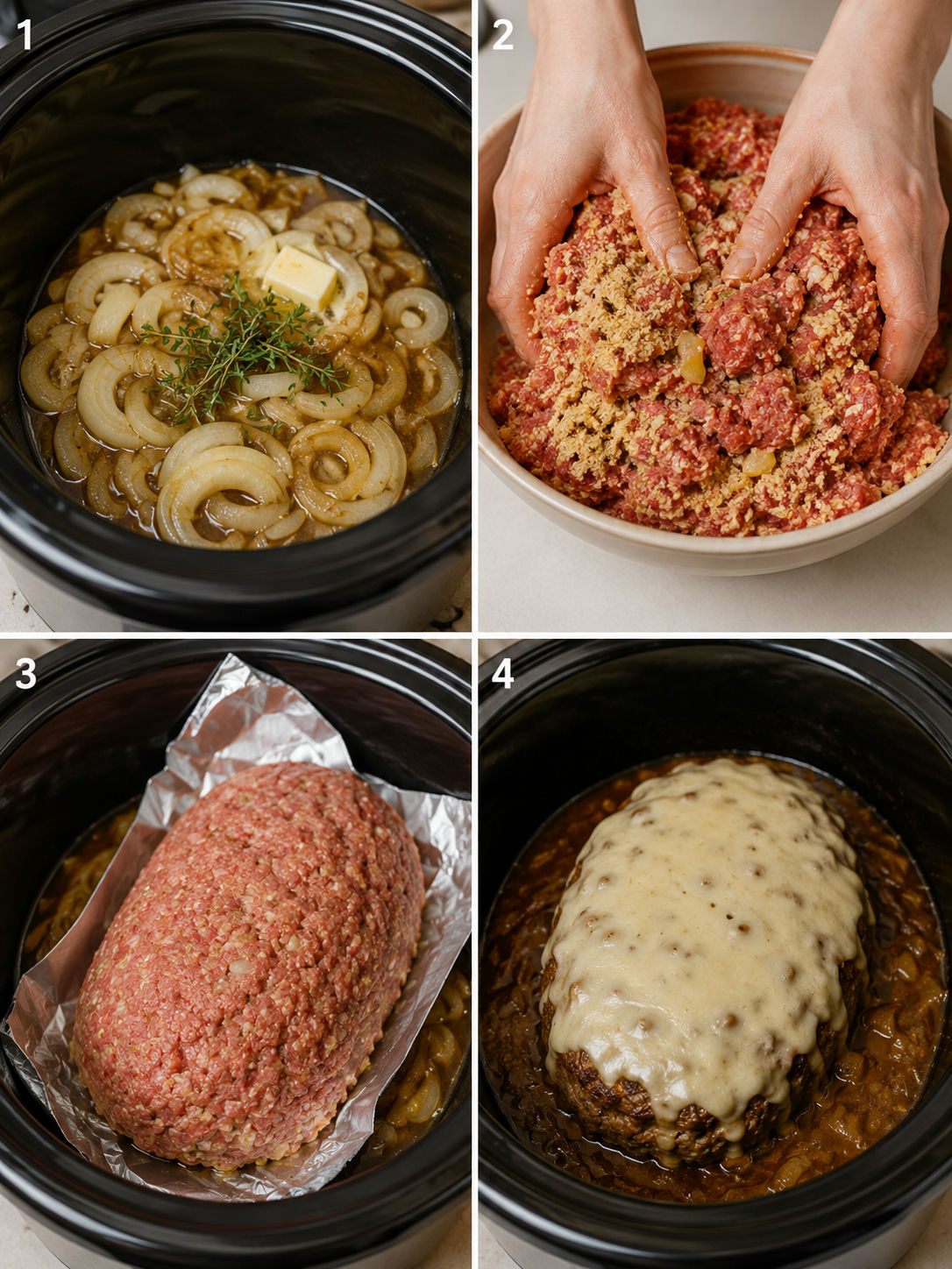 Four steps for making slow cooker French onion meatloaf