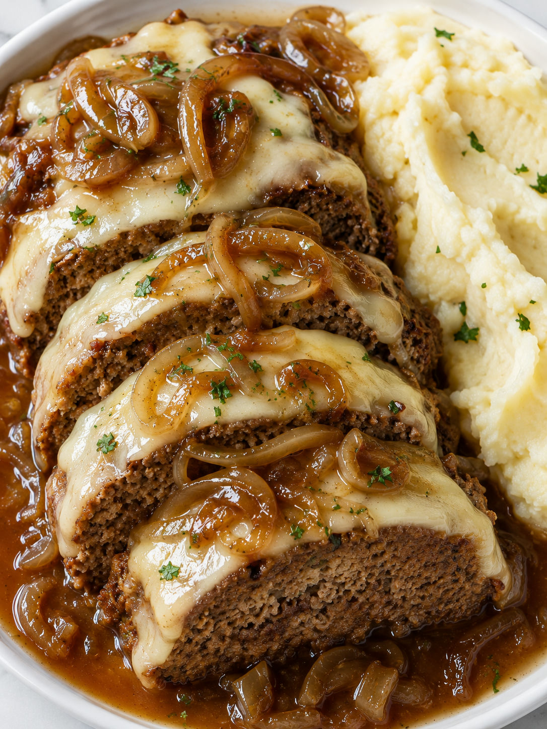 Crockpot French onion meatloaf with melted Swiss and onion gravy