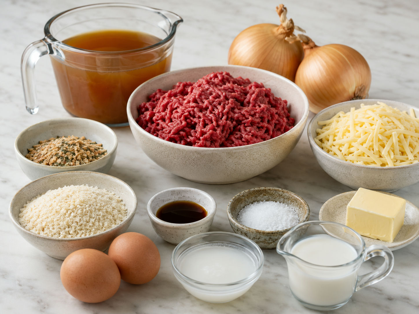 Ingredients for Crockpot French Onion Meatloaf with Melted Swiss laid out
