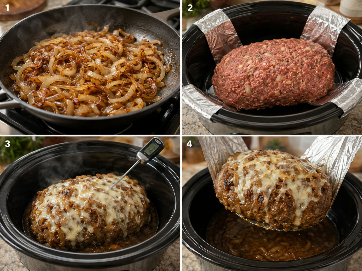 Preparing Crockpot French Onion Meatloaf with Melted Swiss step by step